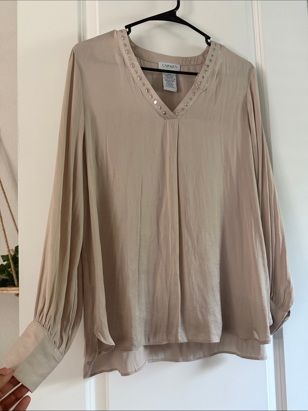 Carmen Marc Valvo Taupe V-Neck Blouse with Stud Trim